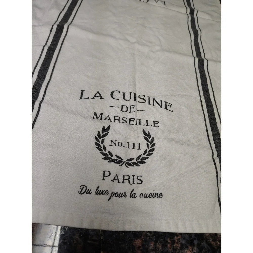 La Cuisine de Marseille French Bistro Cotton Kitchen Towel White Black Stripe